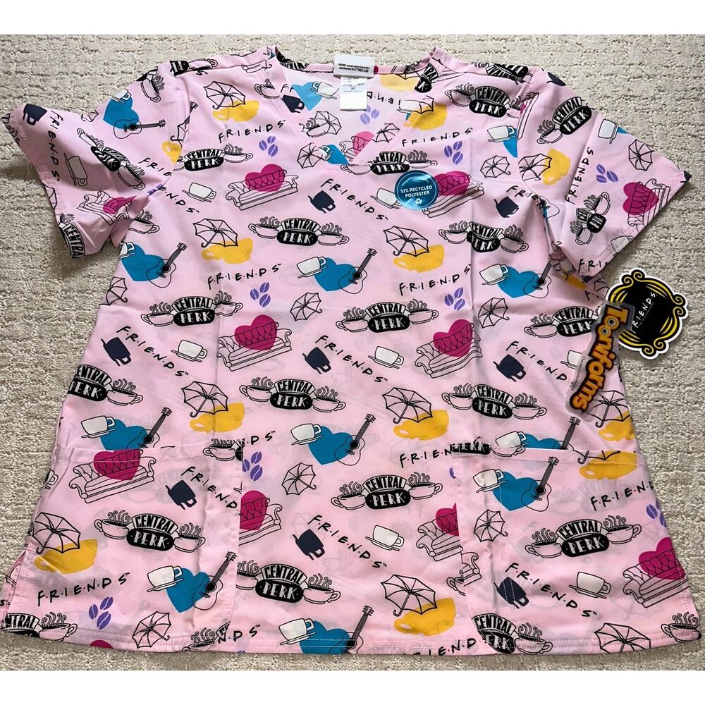 Tooniforms Scrub Top‎ Womens XL Pink Friends Central Perk V-Neck Nurse Print
